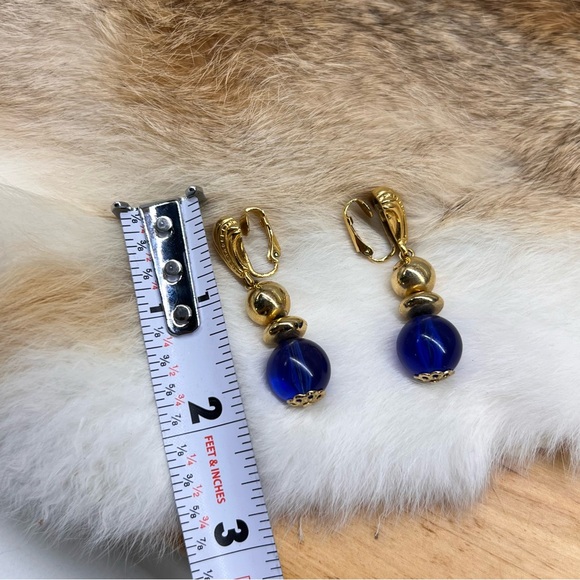 Ornate Gold Tone Dangle Earrings, Cobalt Blue Lucite/ Glass Bead Vintage Clip On - Picture 7 of 7